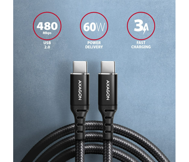 AXAGON BUCM-CM15AB Kabel USB-C - USB-C 2.0, 1.5m, PD 60W, 3A, ALU, oplot Czarny - 1353467 - zdjęcie 6